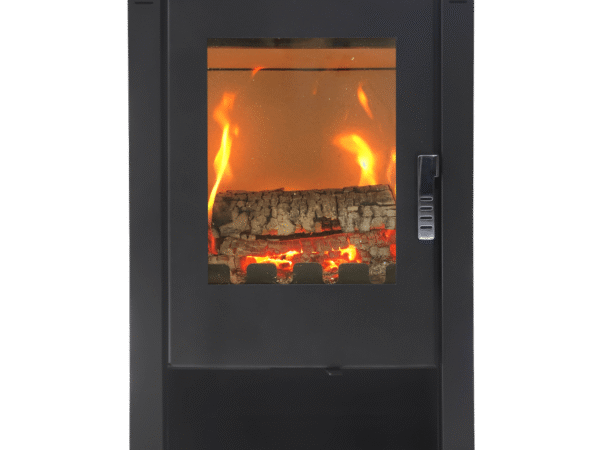 Șemineu pe lemne LHEIA, 7 kW, sobă din oțel cu geam termorezistent și design elegant, negru